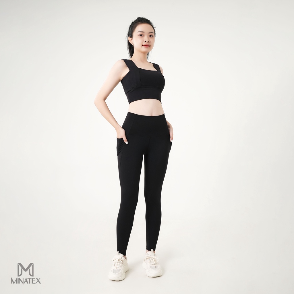 Minatex - Set quần áo tập gym yoga bra quần dài có túi tiện lợi Set đồ tập nữ áo bra 2 dây bản to nâ