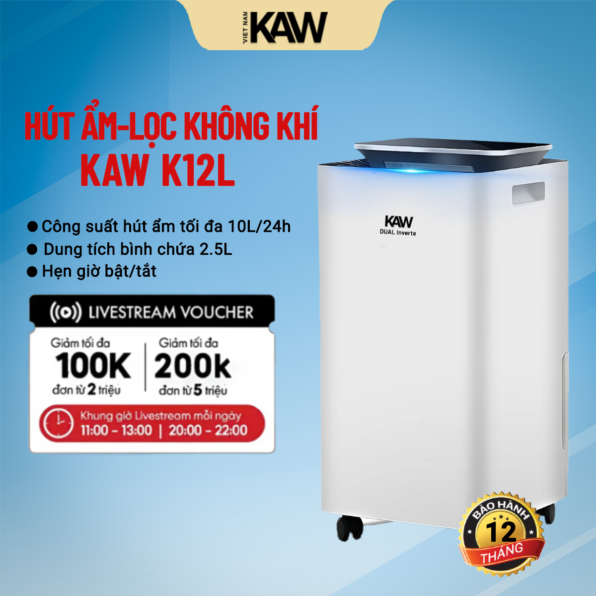 Máy hút ẩm lọc không khí KAW-K12L Dual Inverter 12L - Công nghệ máy nén 2 mặt nóng lạnh, tích hợp đa năng