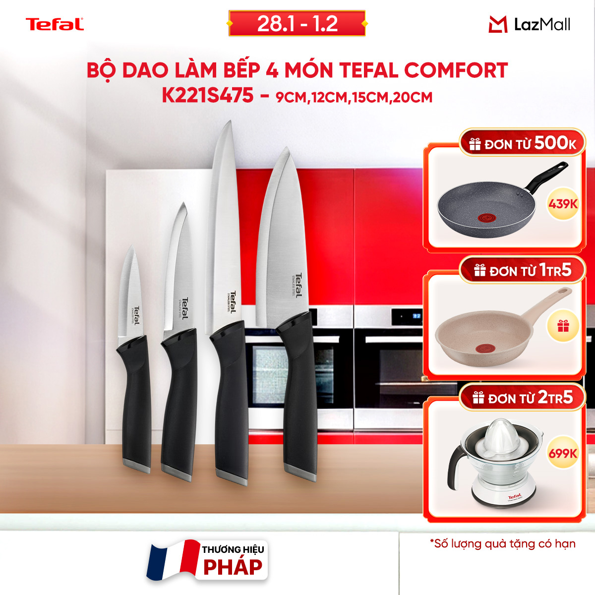 [SIÊU SALE TẾT 15.1 - 10.2] Bộ dao làm bếp 4 món Tefal Comfort K221S475 - 9cm 12cm 15cm 20cm