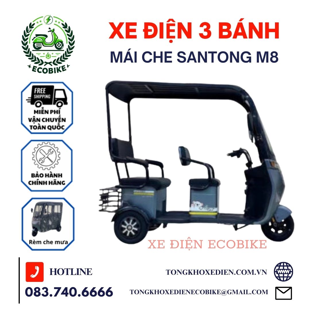 Xe Điện 3 Bánh SANTONG M8 Xe máy điện 3 bánh 2 hàng ghế động cơ 1200w Có rèm che mưa BH 1 Năm