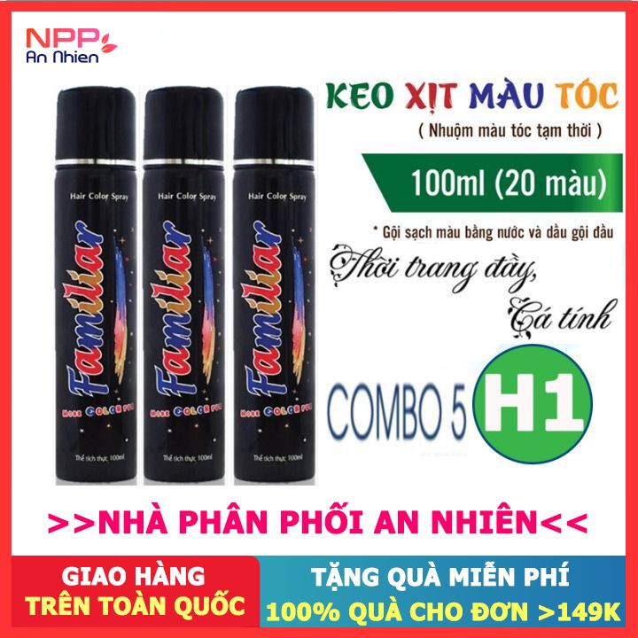 Combo 5 Chai Xịt Tóc Màu Tạm Thời Chuẩn Salon Familiar 100Ml (H1 Xanh Lá) - Đơn 300K Nhận Quà 30K Npp An Nhiên