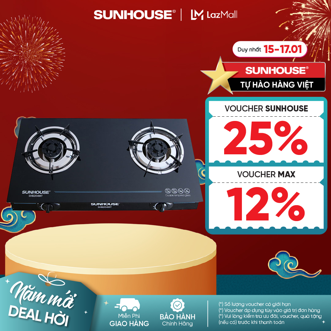 Bếp gas đôi Sunhouse SHB204MT - Kính cường lực, màu đen, 692x368x120mm