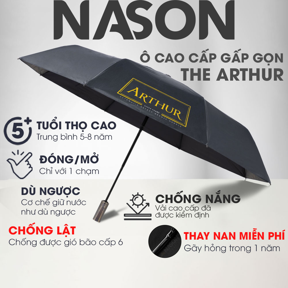 Ô dù đi mưa tự động thông minh  2 chiều THE ARTHUR Nason Umbrella - Tay cầm phủ kim loại cao cấp màu Bronzo - Nan ngược chống gió to hạn chế lật