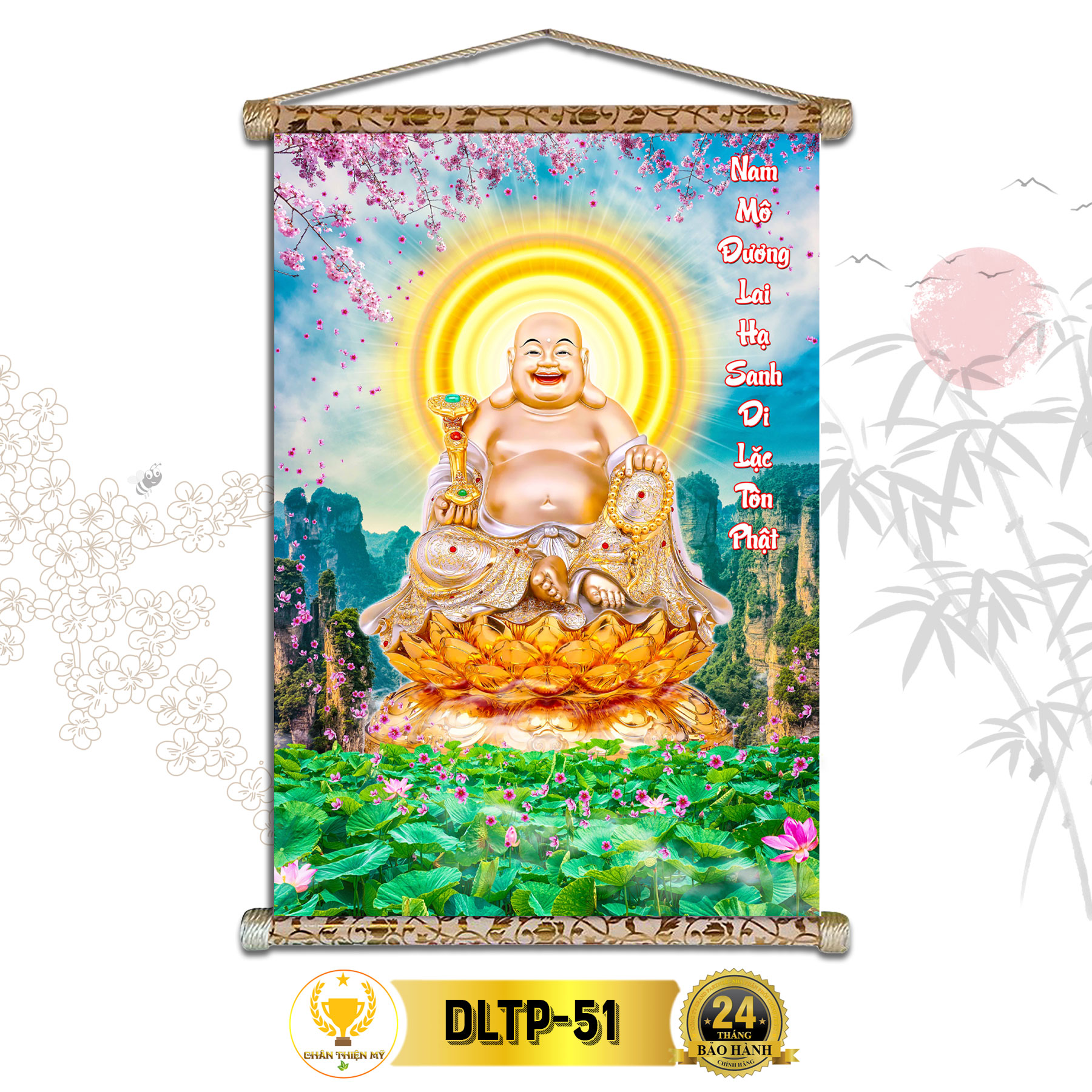Tranh Phật Treo Tường Phật Di Lặc CHÂN THIỆN MỸ Chất Liệu Vải Lụa Kim Sa Khung Gỗ 40x60cm DLTP-51