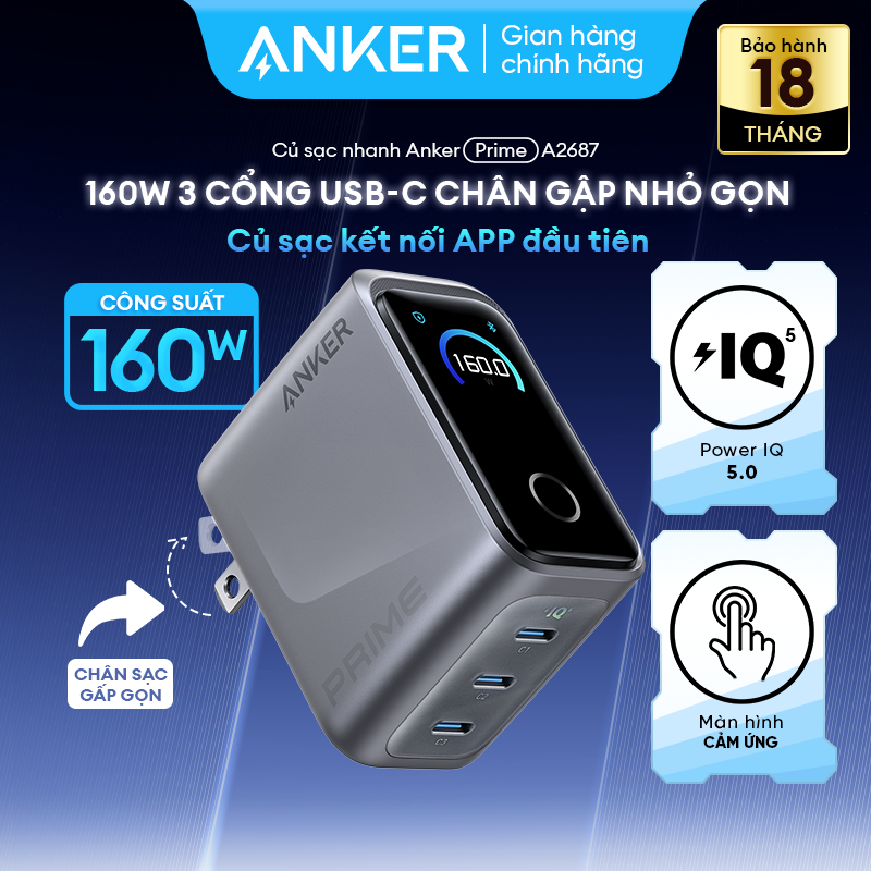 [Anker Prime 160W] Củ sạc nhanh Anker Prime 160W | 3 cổng USB-C sạc 3 thiết bị cùng lúc | Màn hình c