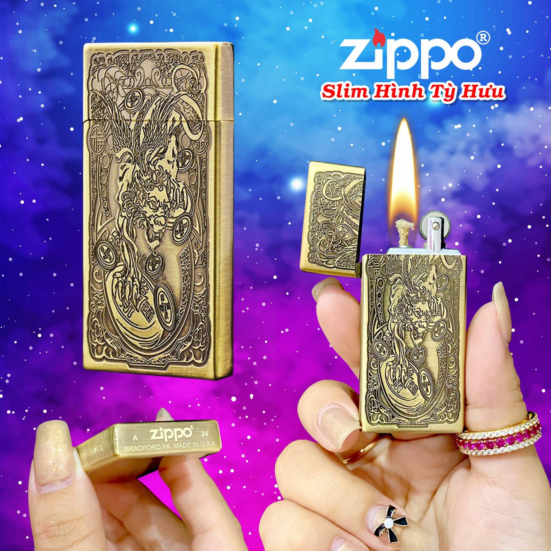 HỘP QUẸT -BẬT LỬA ZIPPO -XĂNG ĐÁ KHẮC NỔI HÌNH TỲ HƯU KIM LOẠI