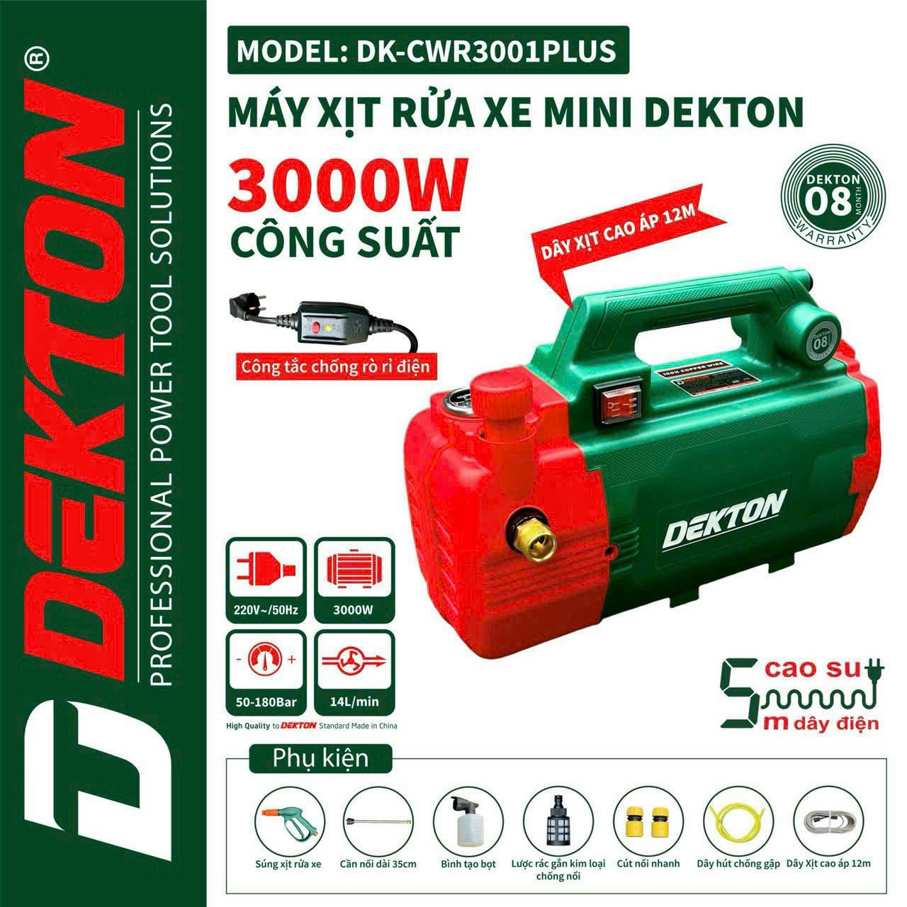 Máy rửa xe chỉnh áp Dekton 3001 PLUS Công suất 3000w - Có công tắc chống rò điện an toàn - TẶNG BỘ N