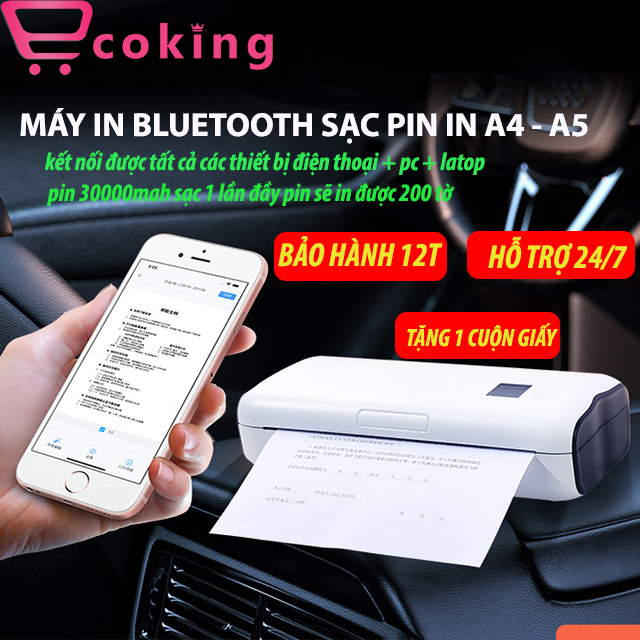 Máy in nhiệt Bluetooth sạc pin A4BT ISAKI in khổ A4-A5 kết nối tất cả thiết bị điện thoại latop pc i