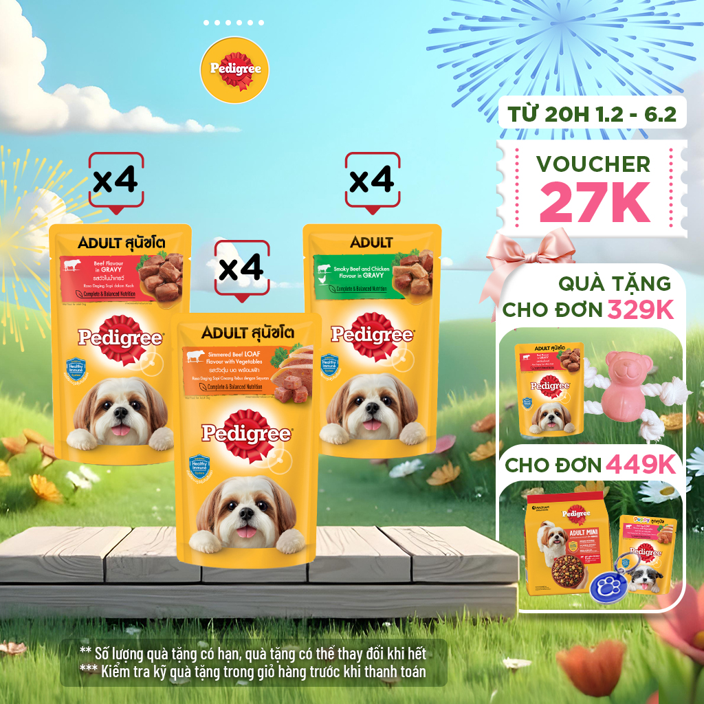 PEDIGREE® thức ăn cho chó lớn dạng sốt (pate chó) mix 3 vị 130g - Bò hầm rau củ (4 gói) & Gà nấu sốt