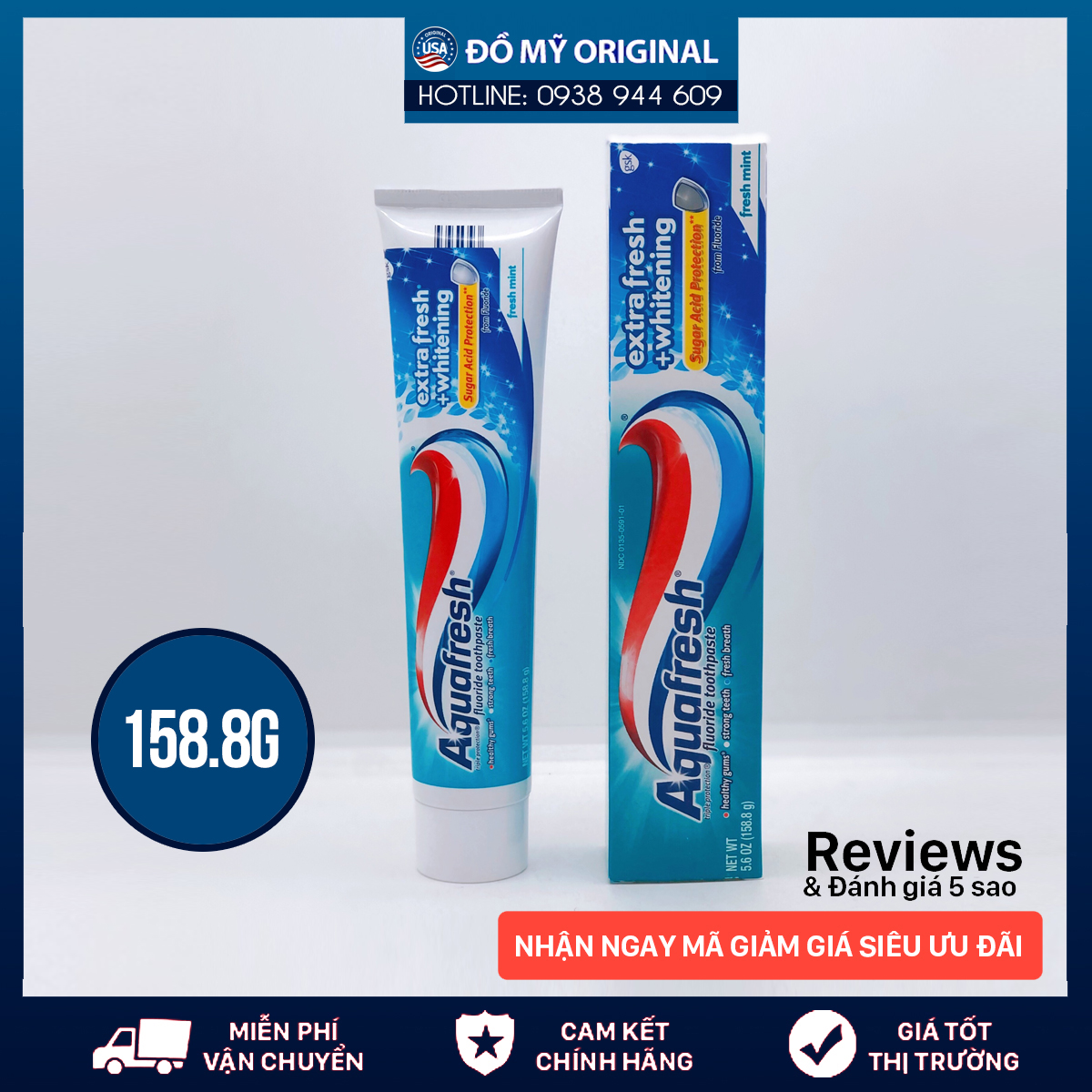[HCM]Kem Đánh Răng Aquafresh Extra Fresh + Whitening Tuýp 158.8G Hàng Nhập Mỹ Ngăn Ngừa Sâu Răng Trắng Răng Sạch Khuẩn Bảo Vệ Nướu Hơi Thở Thơm Mát