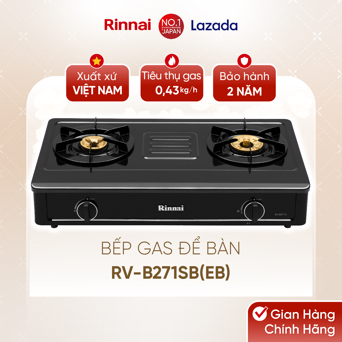 Bếp gas dương Rinnai RV-B271SB(EB) mặt bếp men và kiềng bếp men - Hàng chính hãng.