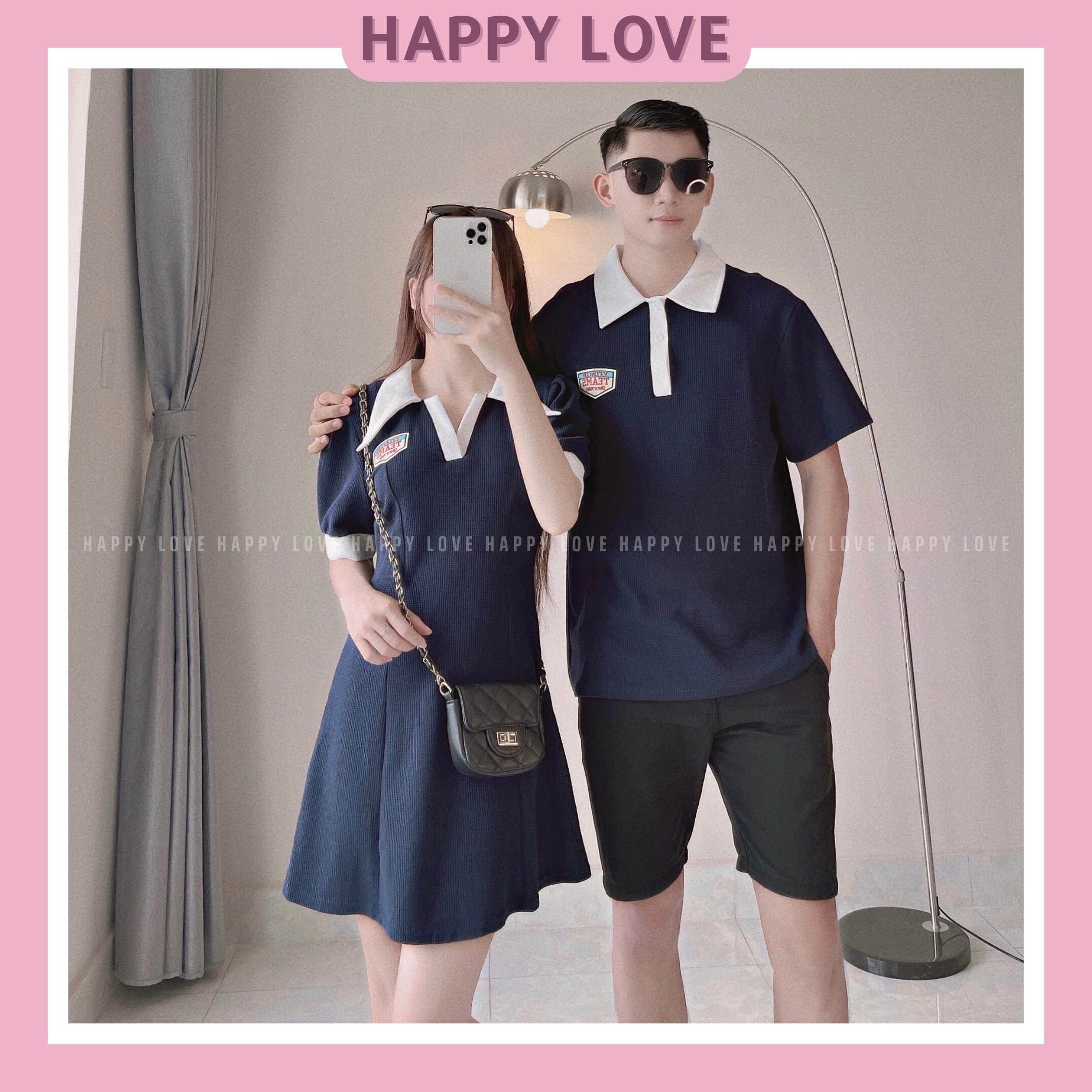 Set đồ đôi nam nữ couple đồ cặp áo váy polo màu xanh hàn quốc cao cấp HAPPYLOVE H019