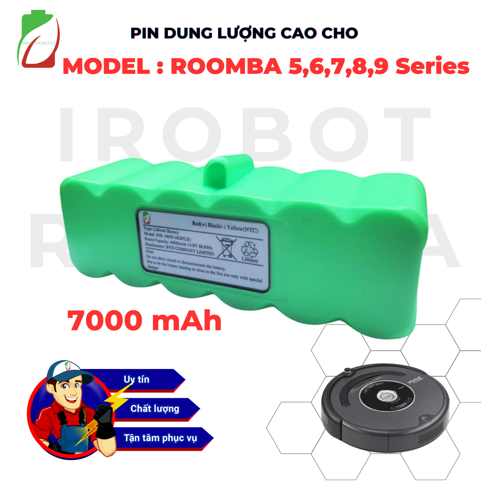 PIN 7000MAH CHÍNH HÃNG NÂNG CẤP CHO PIN ROBOT HÚT BỤI IROBOT ROOMBA(USA) SERIES 56789 SERIE ESERIE I