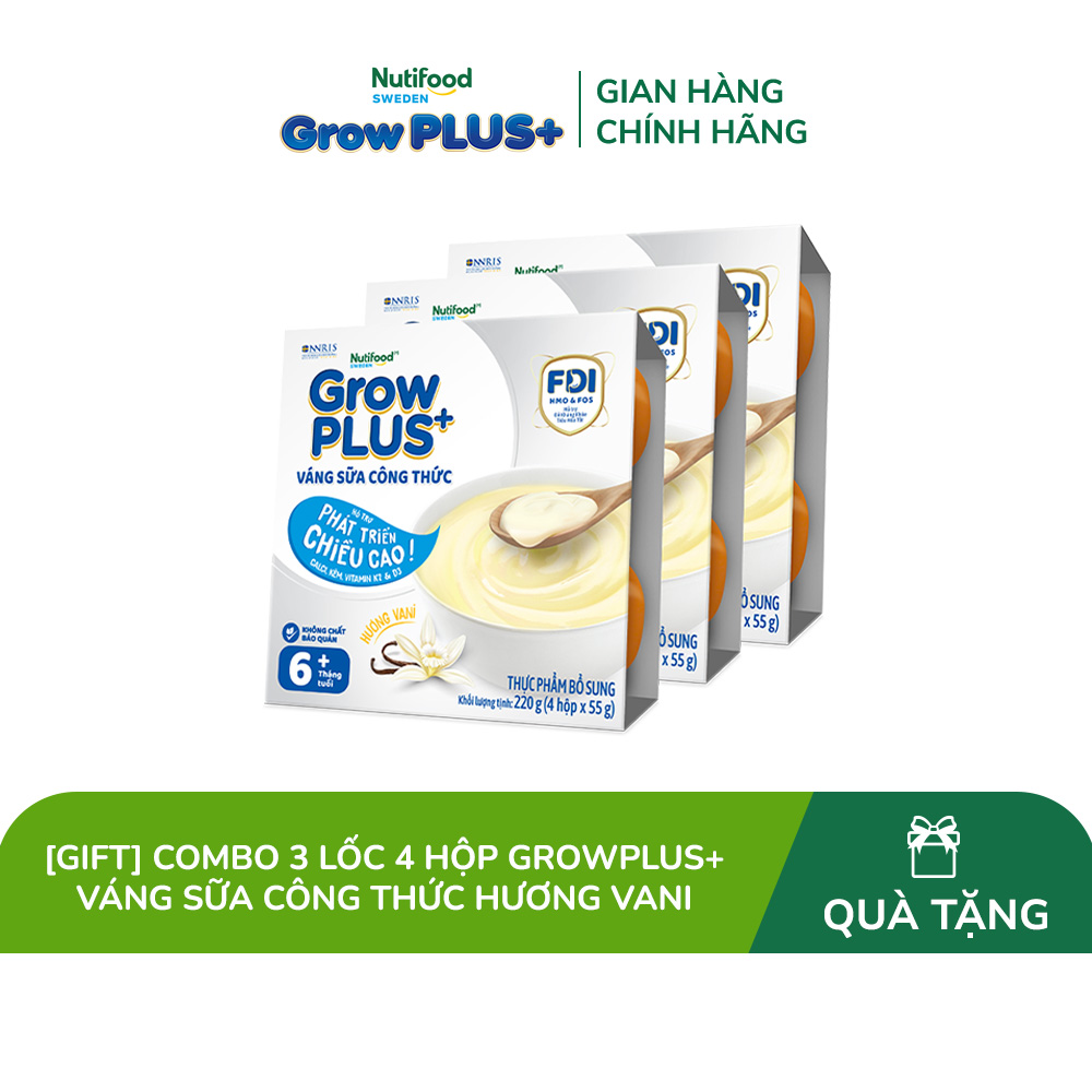 [Gift] Combo 3 Lốc 4 hộp GrowPLUS+ Váng sữa công thức Cao lớn vượt trội Vani