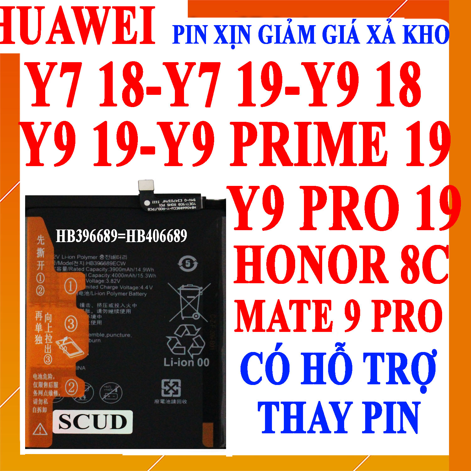 Pin Scud cho Huawei Y7 2018/Huawwi Y7 2019/Huawei Y9 2018/Huawei Y9 2019/Huawei Y9 Prime 2019/Huawei Y9 Pro 2019/Huawei Honor 8C/Huawei Mate 9 Pro  HB406689ECW dung lượng 4000mAh (Đen)
