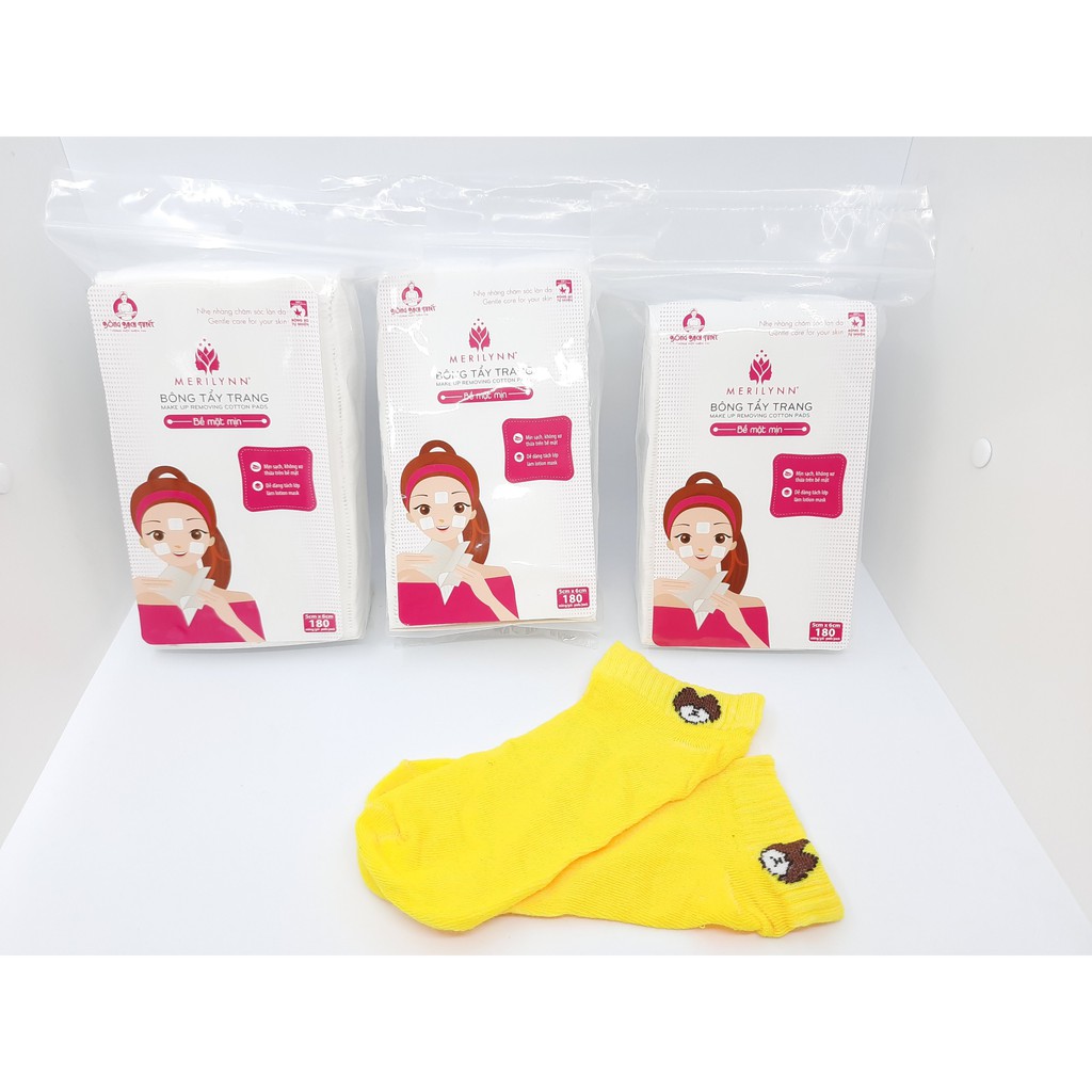 [Hcm]3 Gói Tẩy Trang Merilynn (180 Miếng) Tặng 1 Đôi Vớ Xinh Xắn (Màu Ngẫu Nhiên)