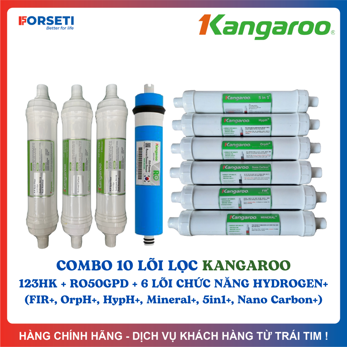 Combo 10 Lõi Lọc Nước Kangaroo Dòng Hydrogen (Model KG10A4 KG100HK...) (Combo gồm 123 HK + màng RO50GPD + 6 lõi chức năng Hydrogen +)