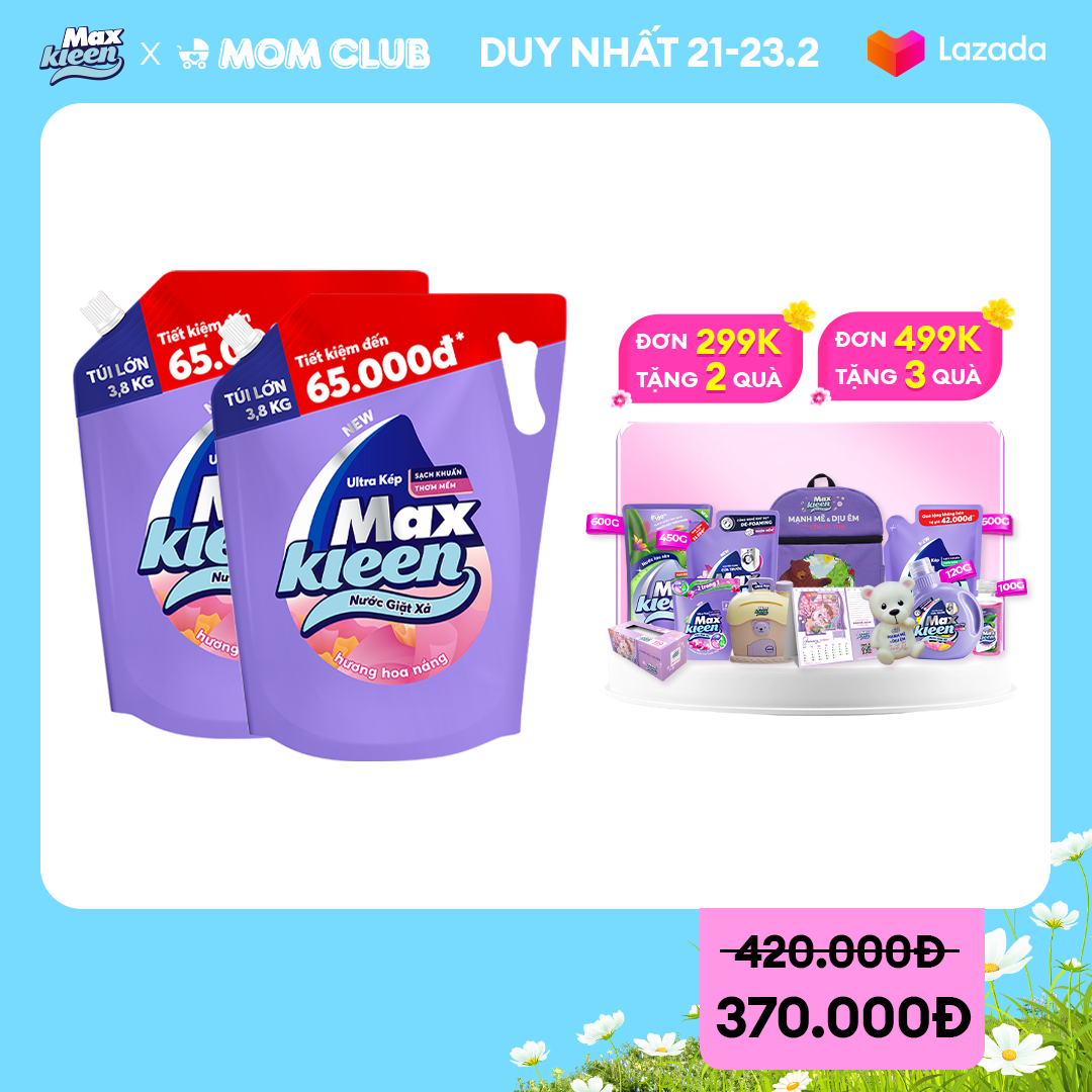 [TRỢ GIÁ CHỈ CÒN 282K] Combo 2 Túi Nước Giặt Xả MaxKleen Hương Hoa Nắng (3.8kg/túi)