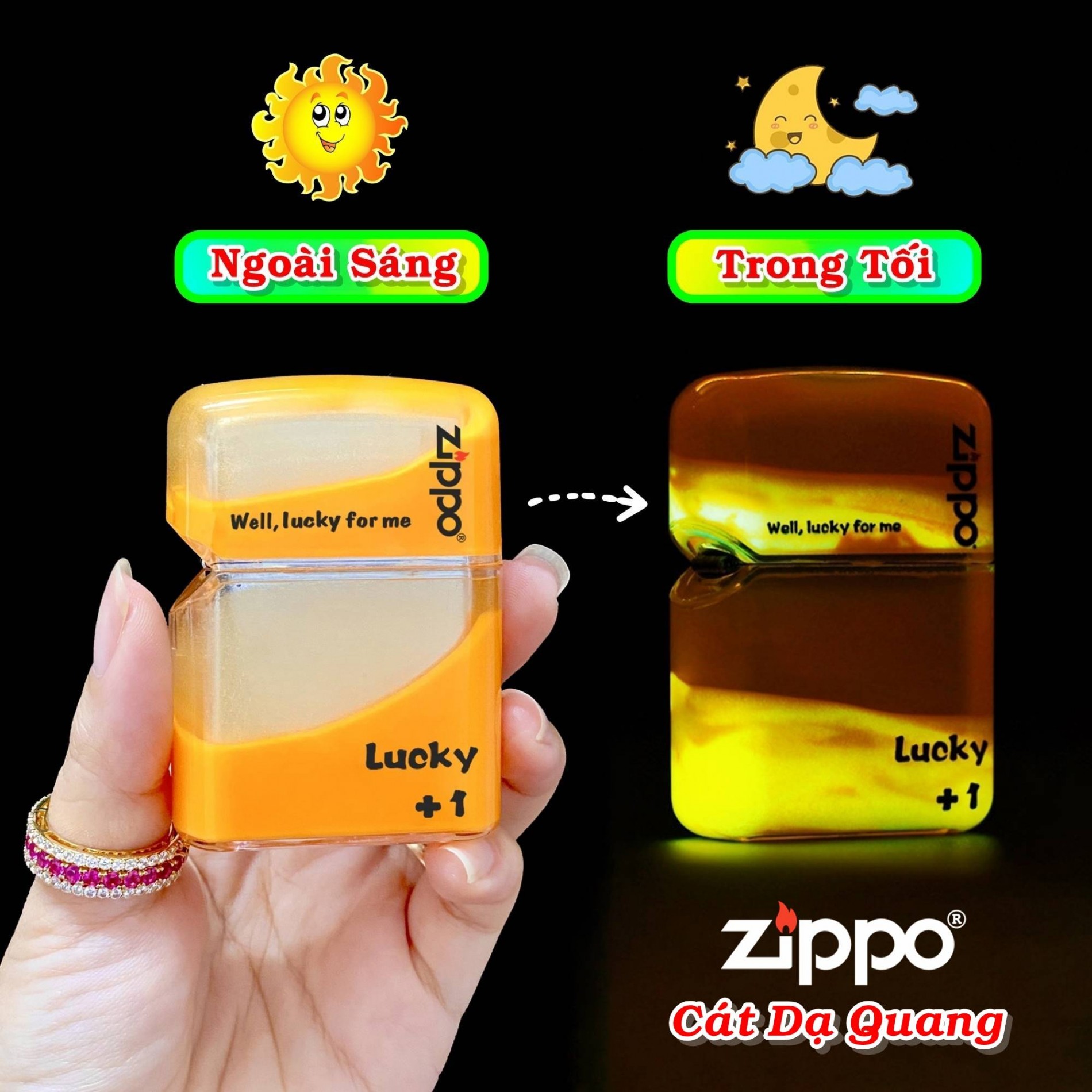 HCM] Bật Lửa Zippo Cát Dạ Quang Phát Sáng Trong Tối - Chọn Màu - Tặng Kèm Hộp Trang Trí
