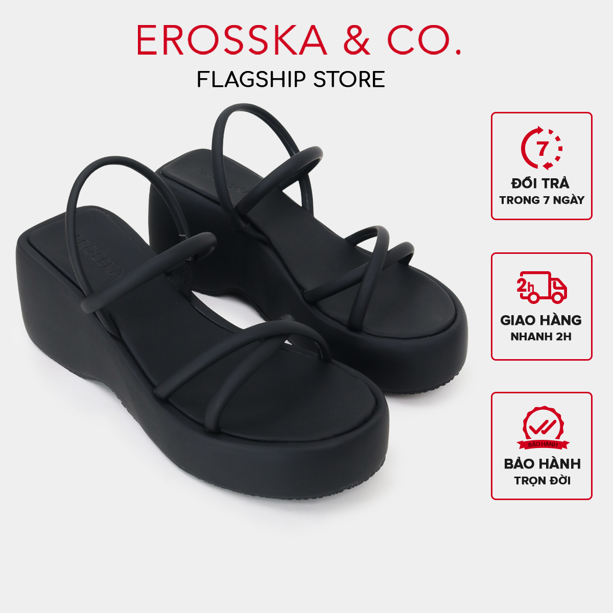 Erosska - Sandal nữ đế xuồng phối dây quai ngang dây mảnh cao 7cm màu nâu - SB036