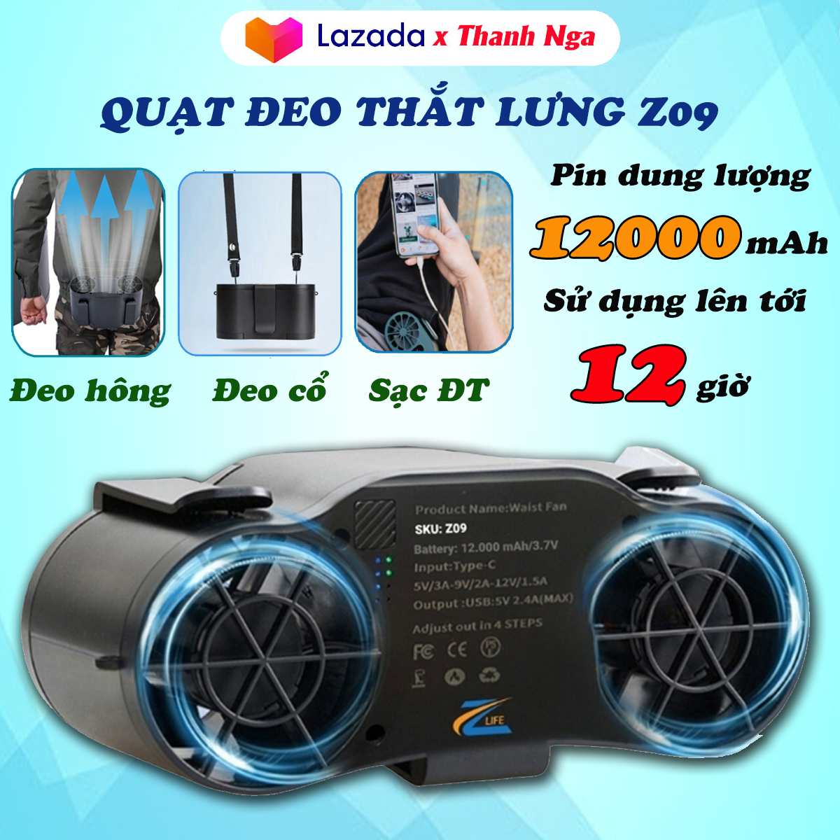 (MẪU MỚI 2025) Quạt đeo cổ mini đeo hông pin siêu trâu Quạt áo điều hòa cao cấp kiêm sạc dự phòng qu