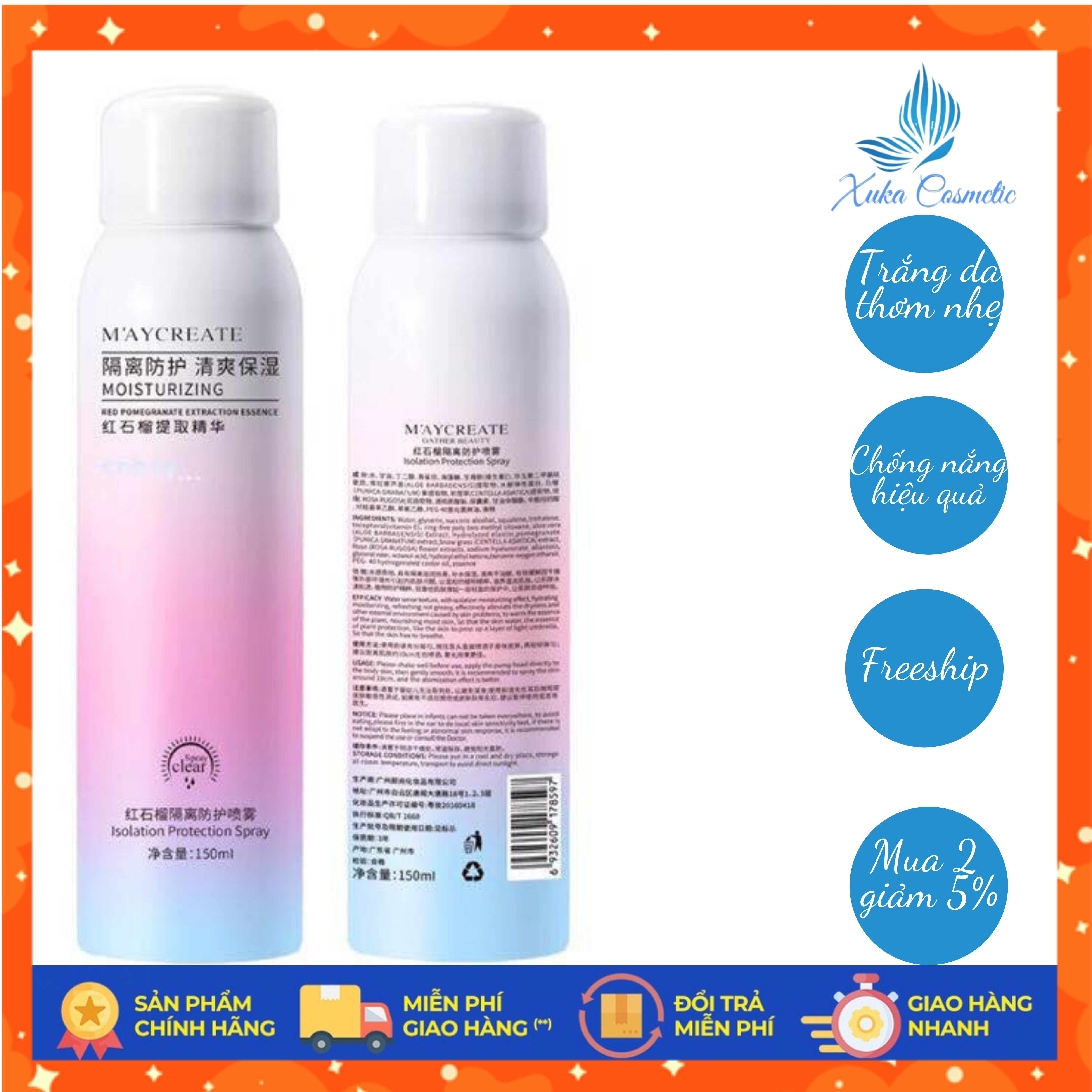 [Freeship] Xịt Chống Nắng MayCreata 150ml Chống Nước Trắng Da  Thơm Dễ Chịu Chống Nắng Hiệu Quả. Chai Xịt Chống Nắng Nội Địa Trung Siêu Hot. Xuka Cosmetic Ưu Đãi Mua 2 Giảm 5%