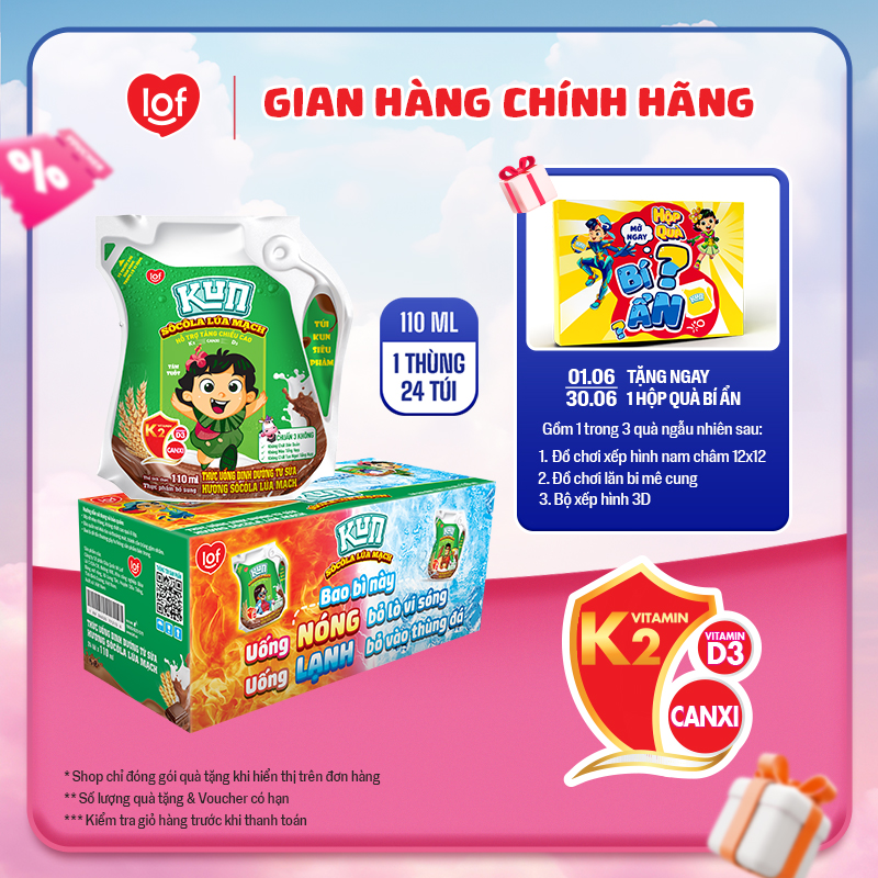 Sữa lúa mạch socola KUN thùng 24 túi x 110ml