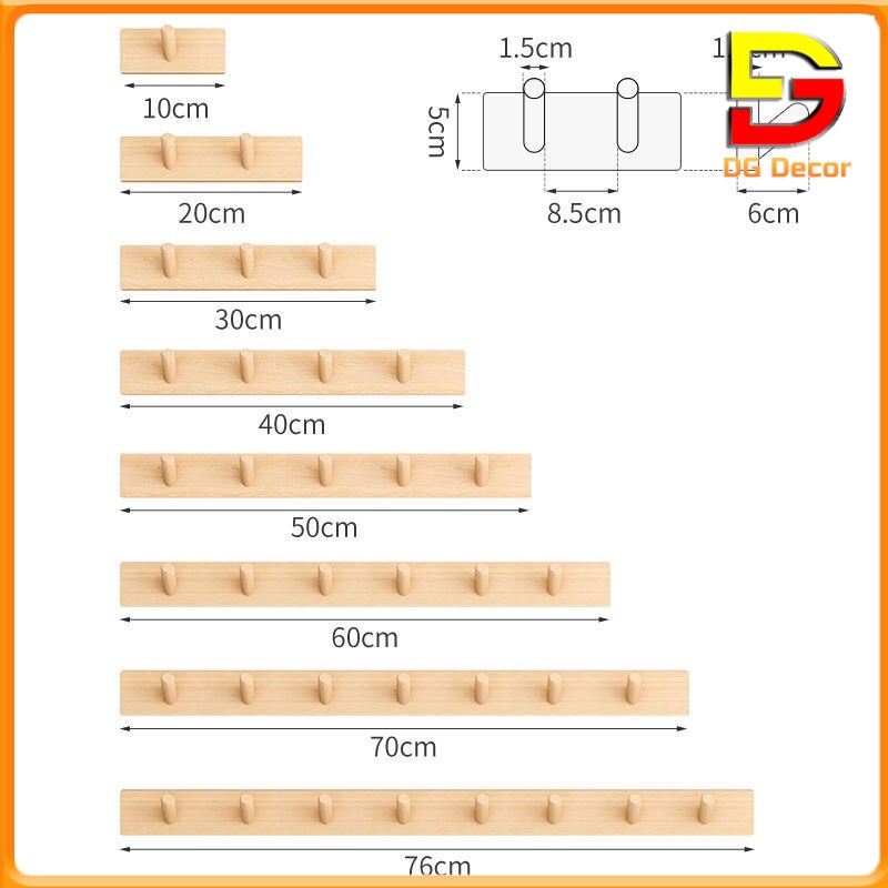 Móc Treo Quần Áo Thanh Gỗ Gắn Tường Treo Mũ Túi Xách Móc Chìa Khoá Nhiều Kích Thước MS02