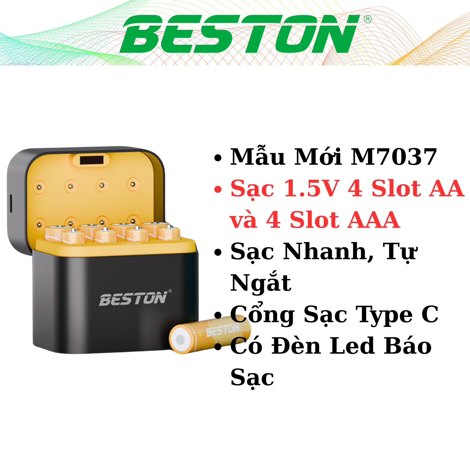 Hộp sạc pin BESTON 1.5V 8 slot mẫu mới M7037 USB-C dùng cho pin AA và AAA 1.5V pin cho đồ chơi