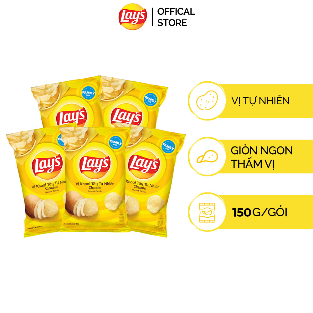 Combo 5 gói Snack Khoai Tây Lay’s Vị Khoai Tây Tự Nhiên Classic (5 x 150g/gói)