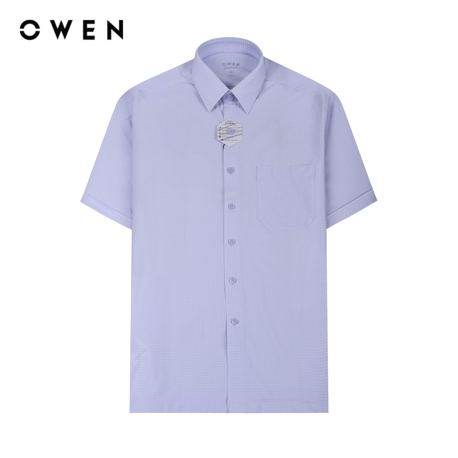 OWEN Premium - Áo sơ mi ngắn tay Body Fit AB230720NT màu Xanh chất liệu Nylon - Spandex