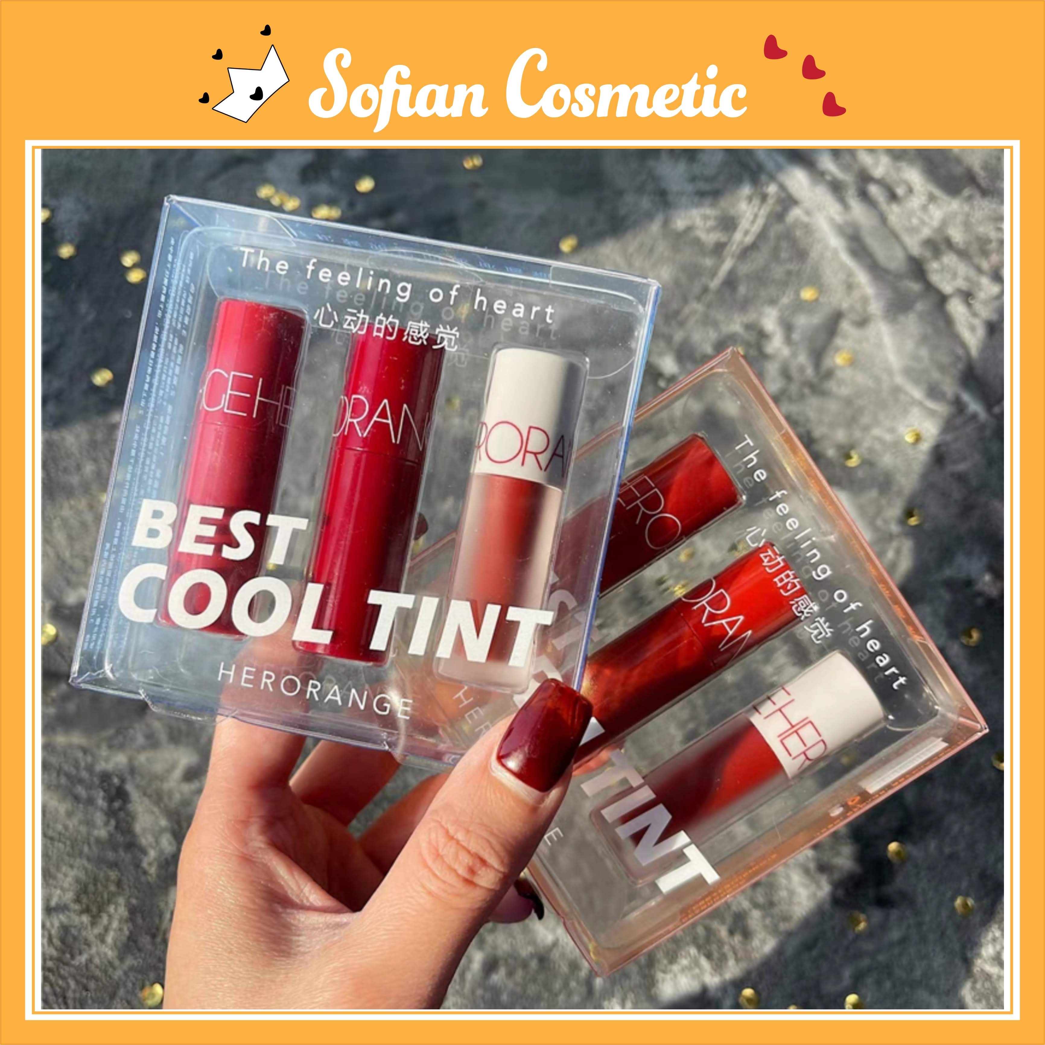 Herorange - Set 3 Son Kem Lì Mini Nội Địa Trung Herorange Heartbeat Mini Lip Glaze Set Box Mềm Mịn Không Trôi - Sofian Cosmetic