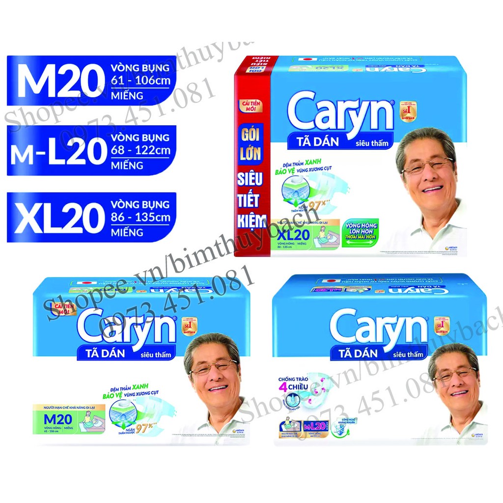 Tã Bỉm Dán Người Lớn Caryn Siêu Thấm Size M20Ml20Xl20 Miếng Dành Cho Người Già Hạn Chế Khả Năng Đi Lại