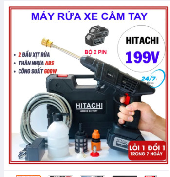 {Hàng chính hãng bảo hành 12 tháng } Máy Rửa Xe Cầm Tay Dùng Pin Hitachi 199V - máy rửa xe dùng pin 