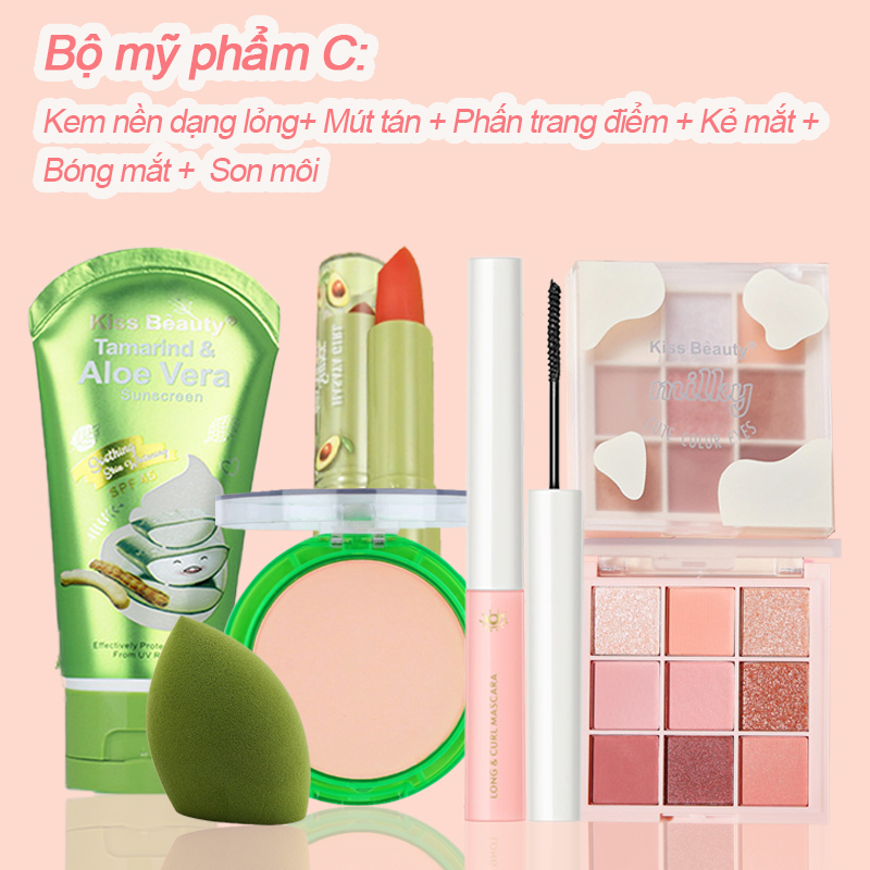 [HCM][Peachy sis] Bộ 6 mảnh trang điểm cá nhân Kem nền dạng lỏng+Mút tán+Phấn trang điểm+(Chì kẻ mày hoặc là Kẻ mắt hoặc là Mascara)+Bóng mắt+Son môi(Kem chống nắng không thấm nước không thấm mồ hôi và lâu dài)