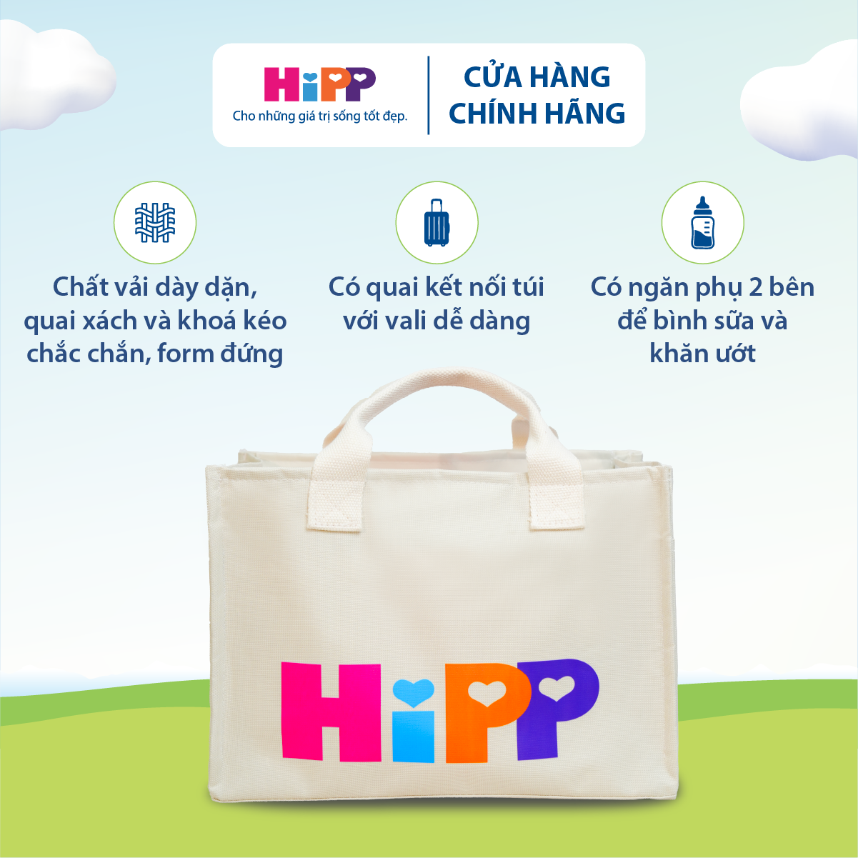 Túi vải canvas HiPP cỡ nhỏ đa năng cho mẹ bỉm sữa có khóa kéo mang đi sinh đi làm đi chơi...
