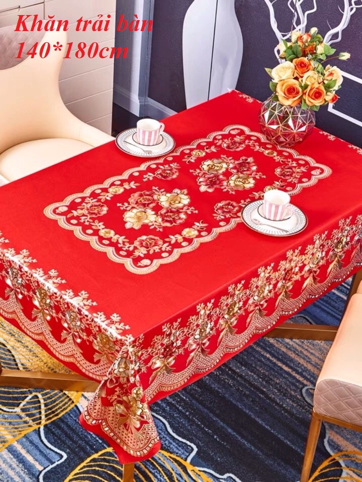 Khăn trải bàn rộng 140 dài 180cm màu đỏ khăn chống thấm dùng trong tiệc cưới hỏi ngày tết
