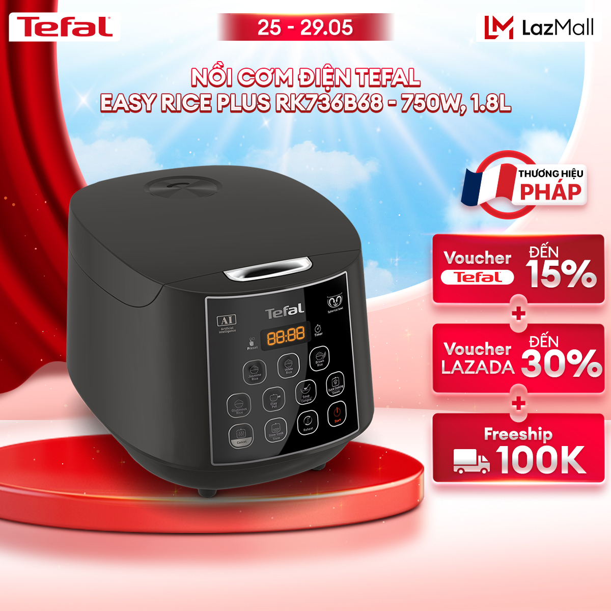 [NHẬP MÃ TEFALOFF20T5 GIẢM 20%] Nồi cơm điện tử Tefal Easy Rice Plus RK736B68 - 1.8L