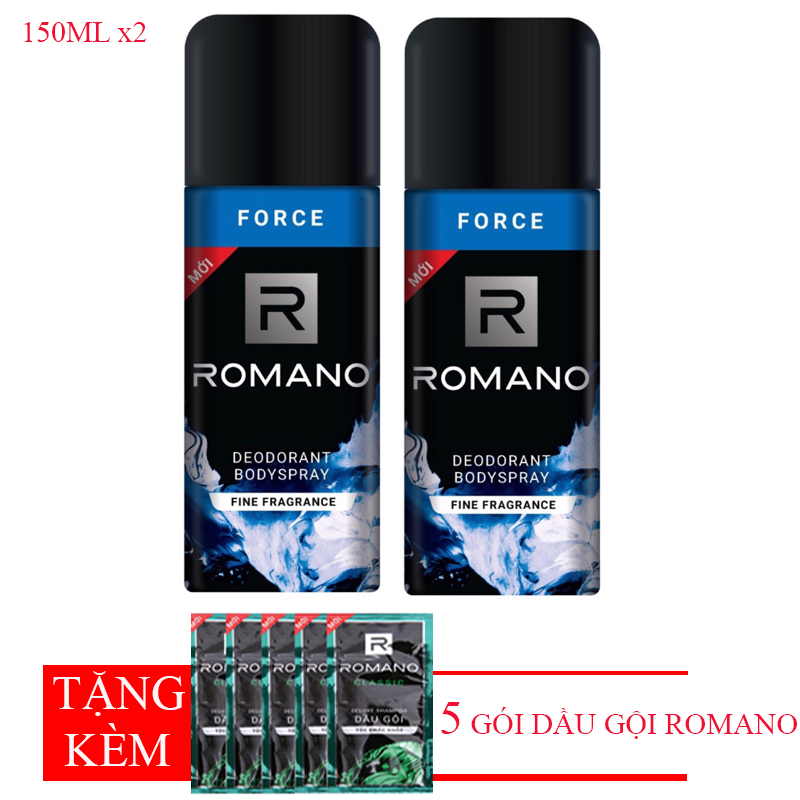 Combo 2 Chai Xịt Khử Mùi Toàn Thân Cho Nam Romano Force+Tặng Kèm 5 Gói Dầu Gội