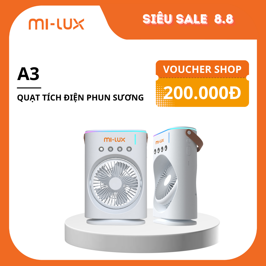 Quạt điều hoà phun sương tích điện 4000mah dùng liên tục đến 8h Mi-lux A3 Mi-Lux A3 plus