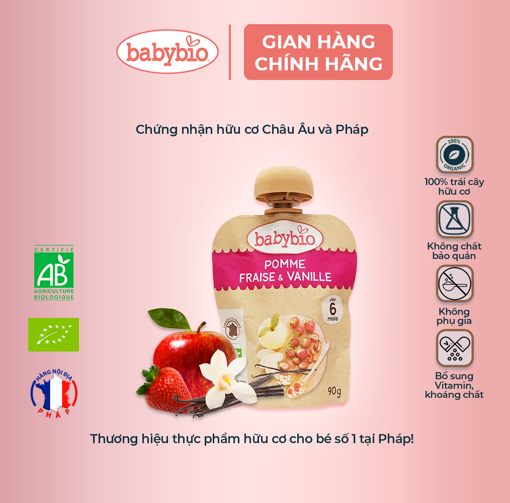 Trái cây nghiền hữu cơ cho bé Babybio 90g (từ 6 tháng tuổi) - Vị dâu táo vani