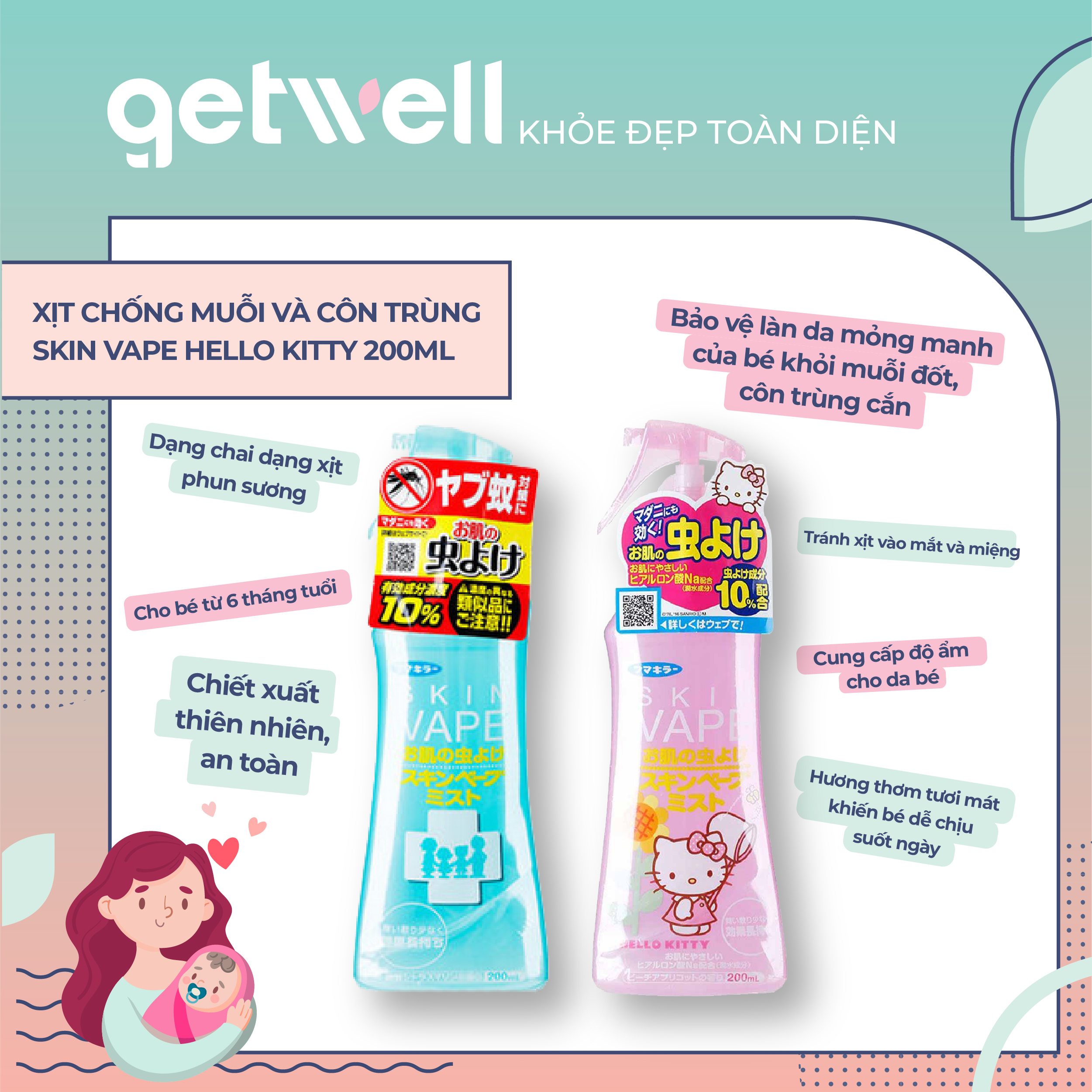 Xịt Chống Muỗi Và Côn Trùng Skin Vape Hello Kitty 200Ml Cho Bé Từ 6 Tháng