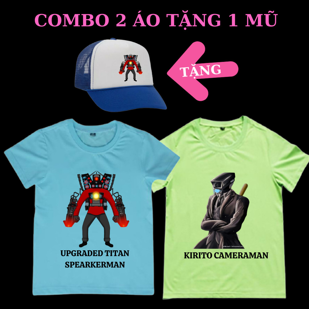 Áo thun trẻ em in mẫu Skibidi Toilet Titan TV Man, Spearkerman, titan tv woman..-Combo 2 áo tặng 1 m