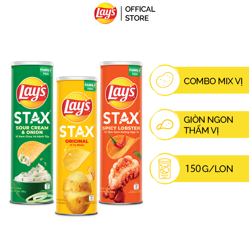 Combo 3 Lays Stax 155G (Tự Nhiên Tôm Hùm Nướng Ngũ Vị Kem Chua Hành)
