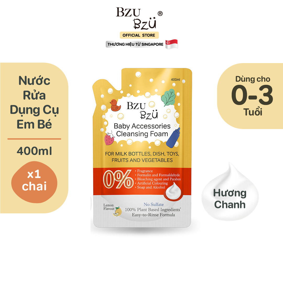 Nước Rửa Bình Sữa Và Đồ Dùng Em Bé Thuần Thực Vật BZU BZU Baby Accessories Cleansing Foam Tạo Bọt Thành Phần Thực Vật Túi 400ml