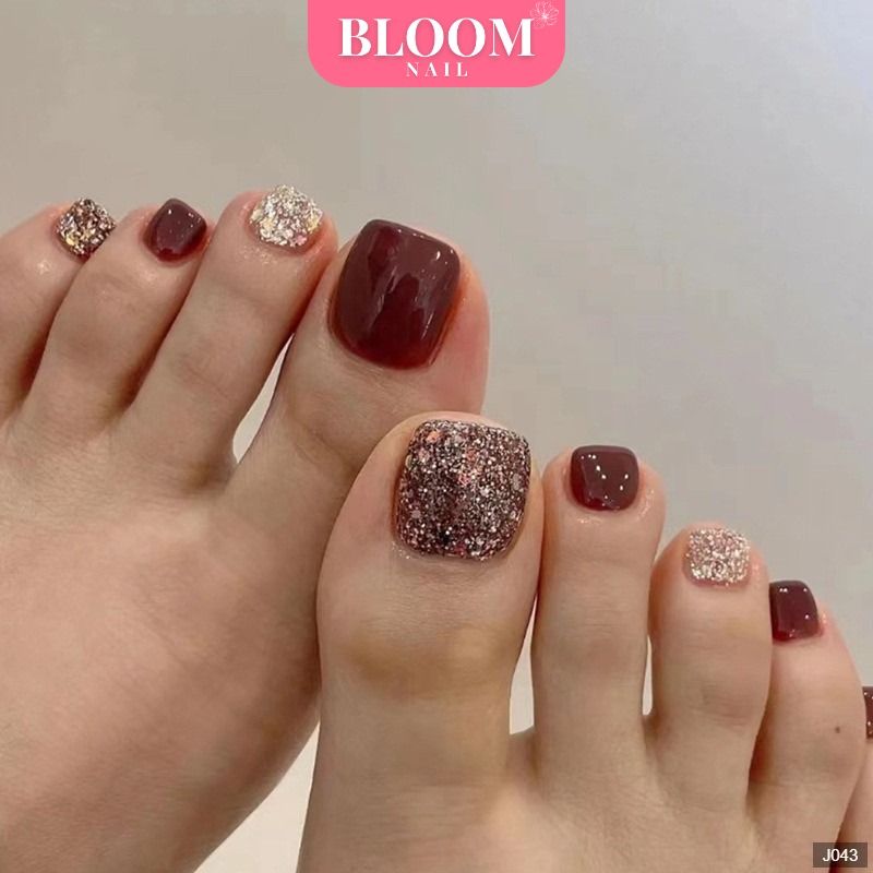 Móng Chân Giả Nail Box Màu Đỏ Hồng Móng Úp Thiết Kế Phong Cách Bloom Nail J043