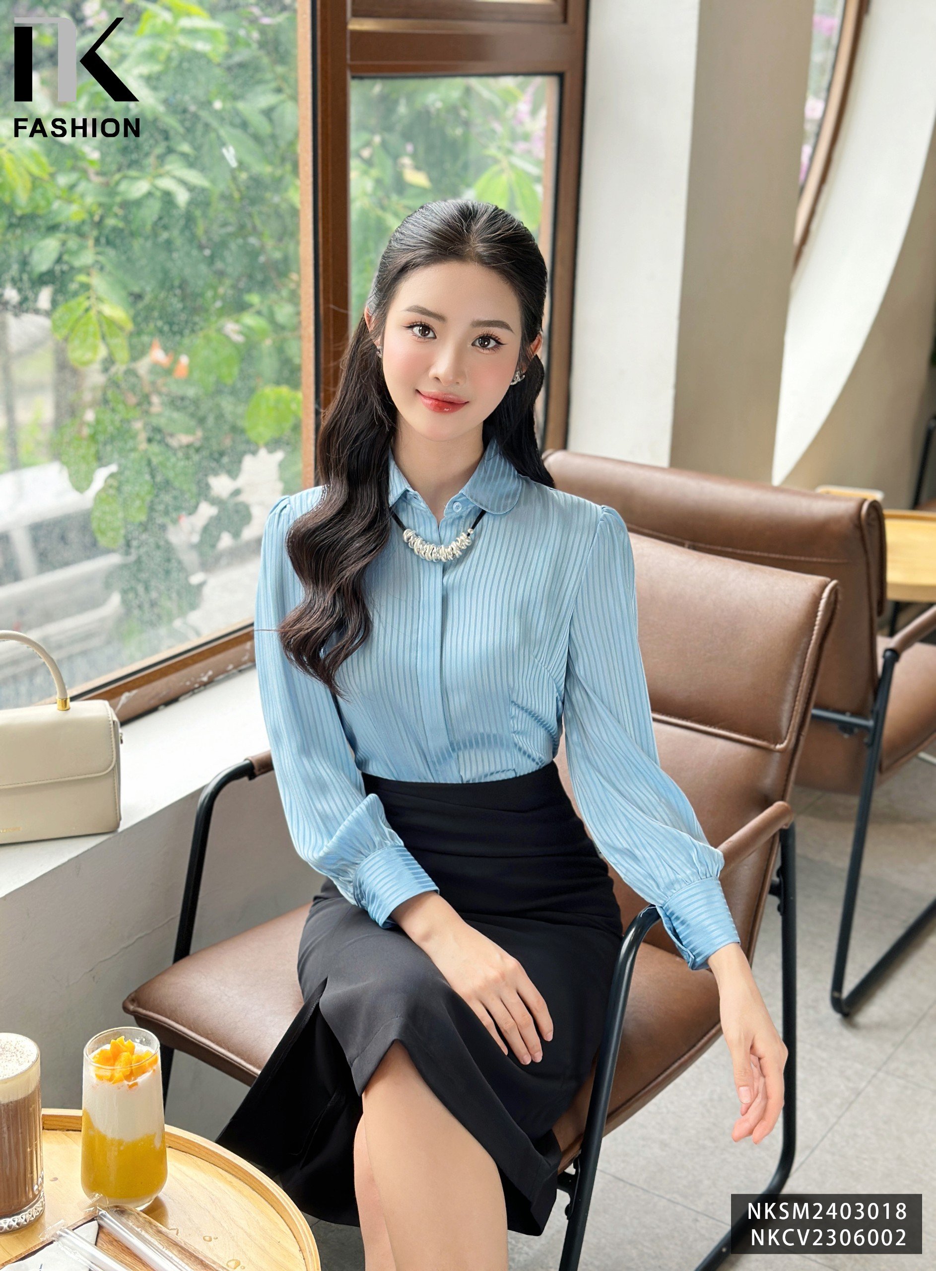 Áo Sơ Mi Lụa Sọc Cổ Sen Tay Bồng NK Fashion Thanh Lịch Nữ Tính Cho Nàng Công Sở NKSM2403018