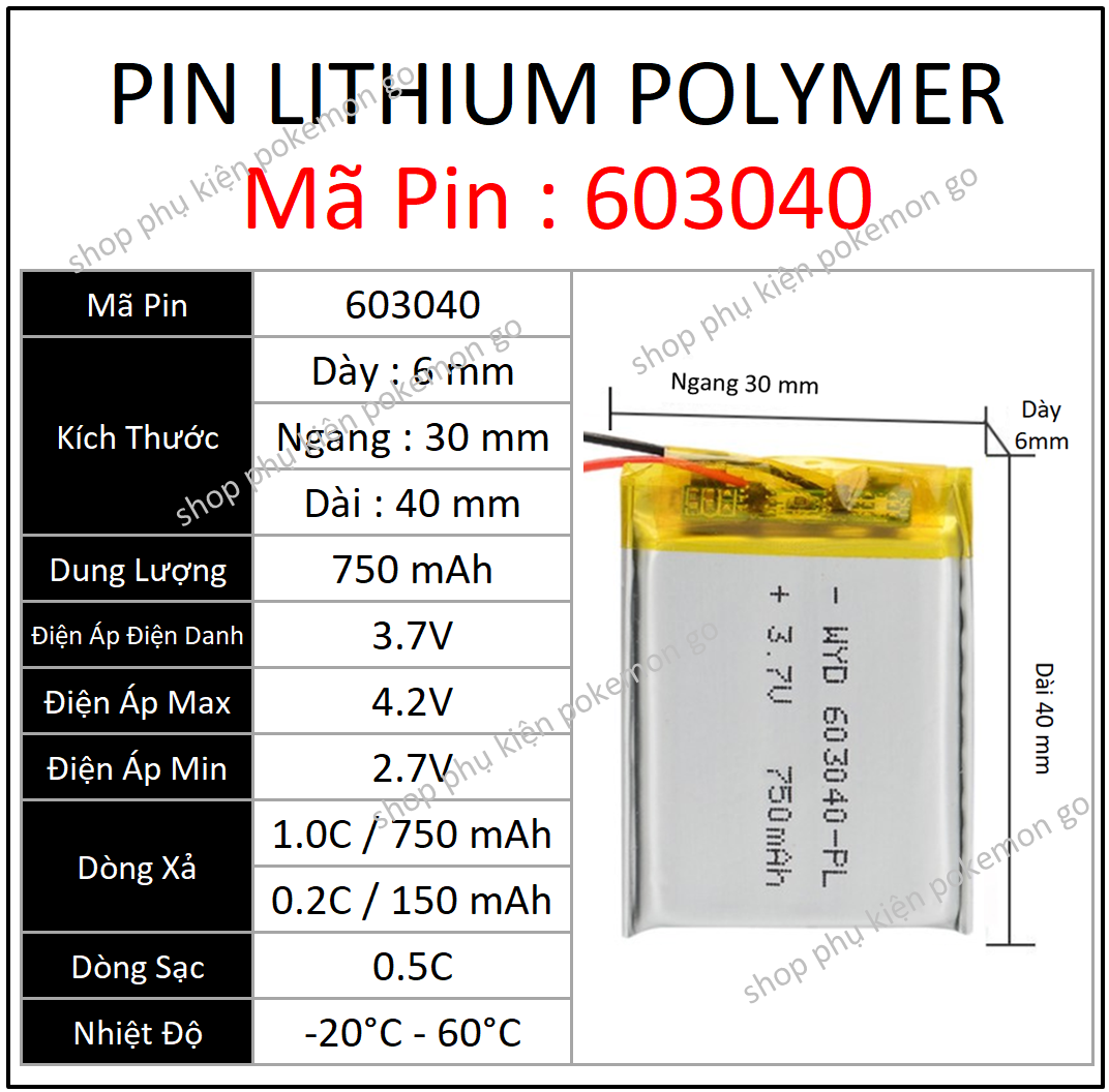 Pin Lithium - Ion 3.7V 603040 600mah 750mah