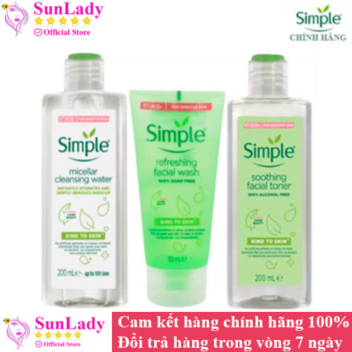 Combo skincare SIMPLE Chính hãng 3 món Nước Tẩy Trang Micellar Water 200ml + Sữa Rửa Mặt Refreshing 150ml + Nước Cân Bằng Da Soothing Facial Toner 200ml
