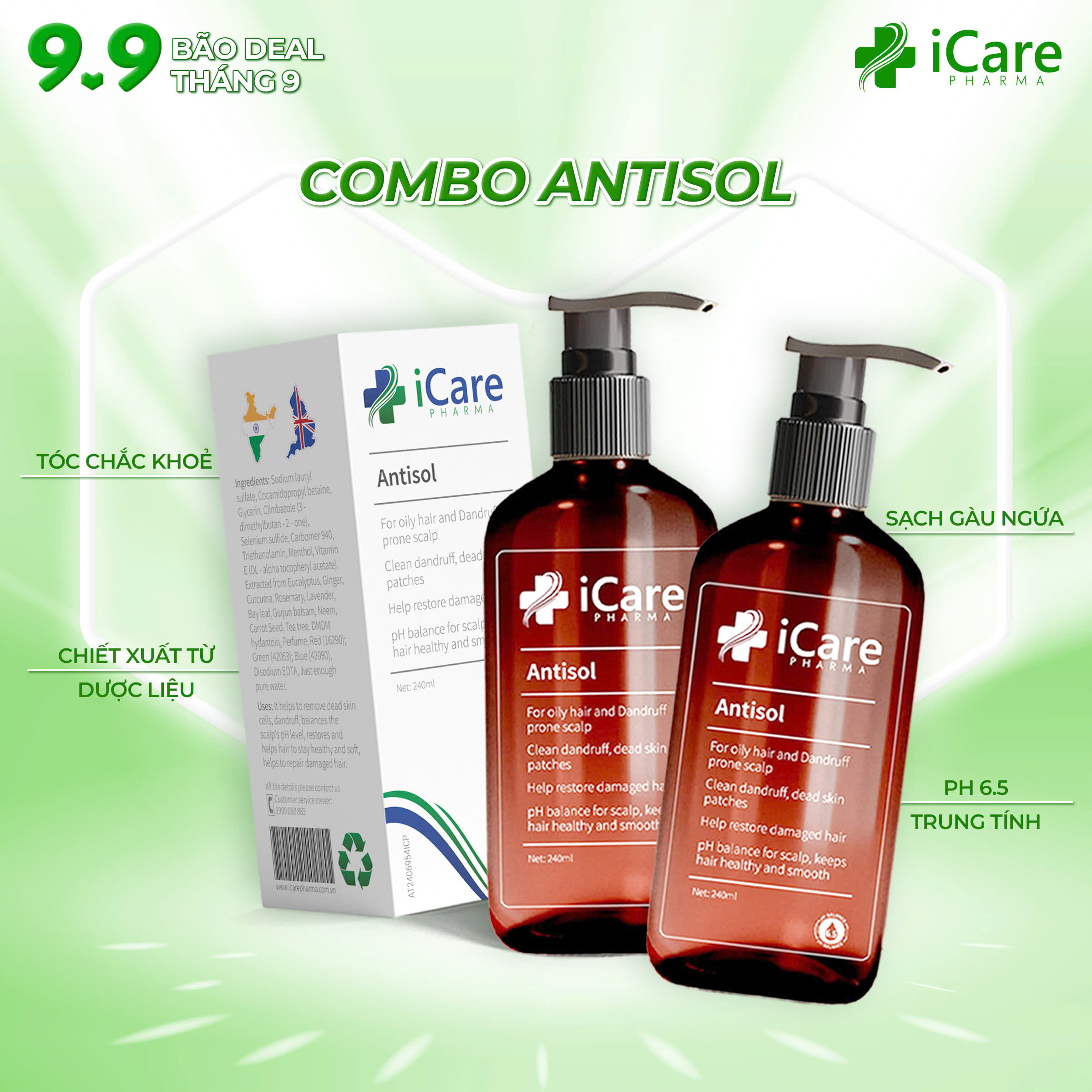 Combo 2 Chai Dầu Gội Sạch Gàu Nấm Ngứa Da Đầu Antisol - Thương Hiệu iCare Pharma